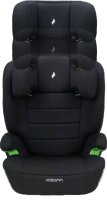 Osann Musca Isofix Kindersitz in Black, Frontansicht, zeigt alle 14-fach höhenverstellbaren Kopfstützenpositionen von unten bis ganz ausgefahren, ergonomische Sitzfläche, für Kinder von 100 bis 150 cm, mit Memoryschaum-Seitenaufprallschutz