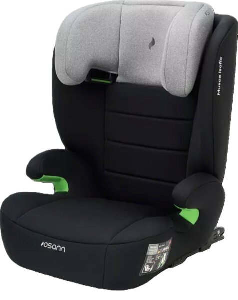 Osann Musca Isofix Kindersitz in Grey Melange, Frontansicht mit 14-fach höhenverstellbarer Kopfstütze, ergonomische Sitzfläche und Armlehnen, für Kinder von 100 bis 150 cm, mit integriertem Memoryschaum-Seitenaufprallschutz