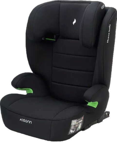 Osann Musca i-Size Kindersitz in Schwarz, Frontansicht mit mittlerer Kopfstütze, ergonomische Sitzfläche, weiche Armlehnen, sichere Gurtführung und Memoryschaum-Seitenaufprallschutz, für Kinder 100–150 cm, i-Size R129 zertifiziert