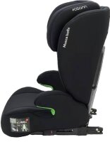 Osann Musca i-Size Kindersitz in Schwarz, Seitenansicht links mit ausgefahrener Kopfstütze, ergonomischer Sitzfläche, weichen Armlehnen und Memoryschaum-Seitenaufprallschutz, für Kinder 100–150 cm, i-Size R129 zertifiziert