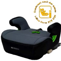 Osann Junior Isofix Gurtfix i-Size Kindersitzerhöhung in Nero, Seitenansicht links mit ausgefahrenem Isofix-System und sichtbarem ECE R129 Siegel, ergonomischer Sitzfläche und bequemen Armlehnen, für Kinder 126–150 cm, i-Size zertifizier