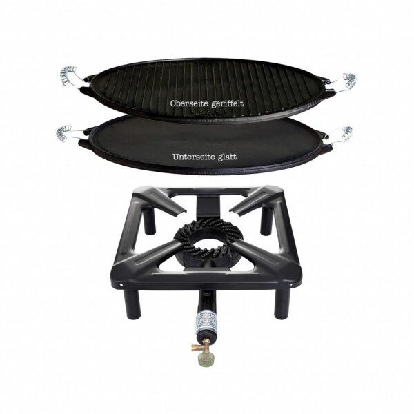 Hockerkocher-Set (groß) mit Gusseisen-Grillplatte Ø 38 cm