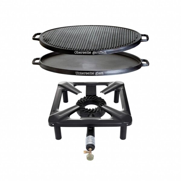 Dieser Hockerkocher und Gusseisen Grillplatte Ø 45 cm mit 2 Griffen ist der ideale Begleiter für Camping und Freizeit sowie für alle Profiköche zu Hause oder unterwegs - Aktion Set Angebot!