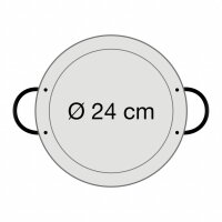 Abmessung der Paella Pfanne: Durchmesser am oberen Rand: 24,0 cm, Durchmesser am Pfannenboden: 20,0 cm, Höhe der Paella Pfanne: 3,5 cm