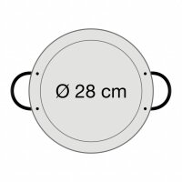 Abmessung der Paella Pfanne: Durchmesser am oberen Rand: 28,0 cm, Durchmesser am Pfannenboden: 23,0 cm, Höhe der Paella Pfanne: 3,7 cm