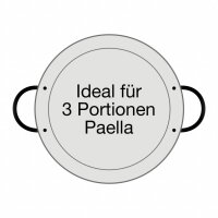 Ausführung der Paella Pfanne: Stahl poliert mit zwei schwarzen Griffen