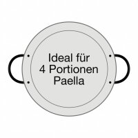 Ausführung der Paella Pfanne: Stahl poliert mit zwei schwarzen Griffen