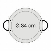 Abmessung der Paella Pfanne: Durchmesser am oberen Rand: 34,0 cm, Durchmesser am Pfannenboden: 29,0 cm, Höhe der Paella Pfanne: 4,5 cm