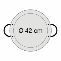 Abmessung der Paella Pfanne: Durchmesser am oberen Rand: 42,0 cm, Durchmesser am Pfannenboden: 36,8 cm, Höhe der Paella Pfanne: 4,5 cm