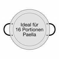Ausführung der Paella Pfanne: Stahl poliert mit zwei schwarzen Griffen