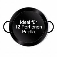 Ausführung der Paella Pfanne: Stahl emailliert mit zwei schwarzen Griffen