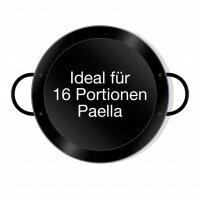 Ausführung der Paella Pfanne: Stahl emailliert mit zwei schwarzen Griffen