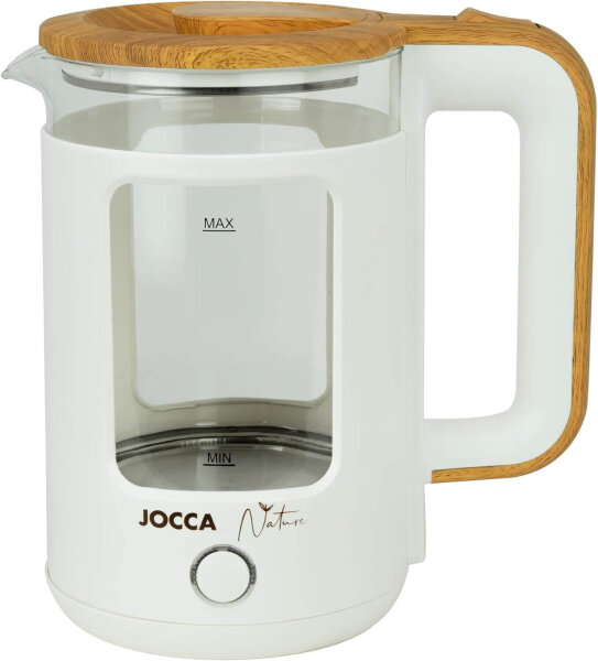 JOCCA Elektrischer Wasserkocher 1,8L, Nature-Line Weiss, 360° Basis, Borosilikatglas, Schnellkoch, Auto-Abschaltung, energiesparend, modern